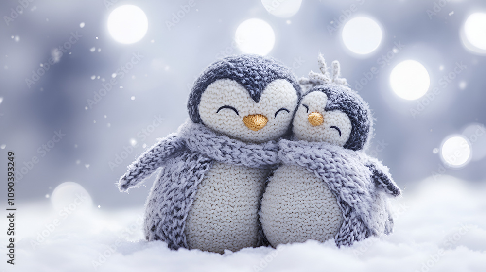 Obraz premium Hand woven penguin family huddling together under a soft snowfall cozy and warm winter vibe