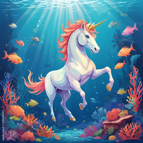 a painting of a unicorn with the sun shining through the water.