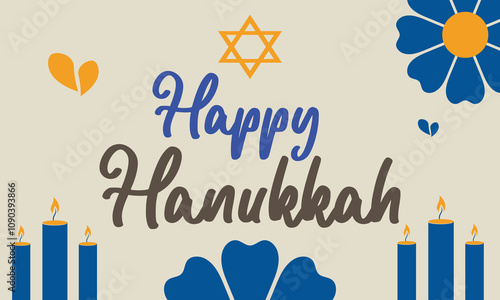 Happy Hanukkah greeting card with symbols of Jewish holiday. Template for banner, flyer, poster, background with vector place for your text. Vector illustration. EPS 10