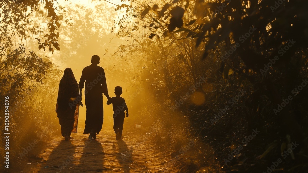 Family Walk at Sunset in Nature's Glow Family Walk at Sunset in Nature's Glow