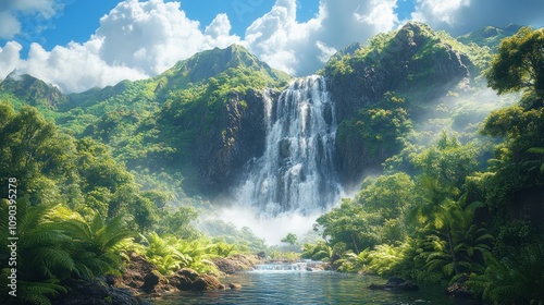 A hyper-detailed image of a waterfall cascading down a lush green cliff in Hawaii, with detailed ferns and mist rising from the water.