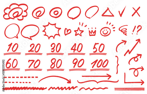 テスト採点に使う手書きの点数、花丸、矢印等のセット（赤）