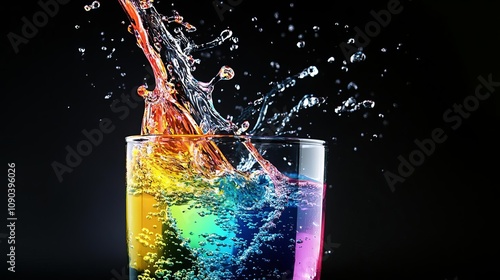 Closeup of sports drink pouring into a glass, splashing, colorful liquid, refreshing and vibrant photo