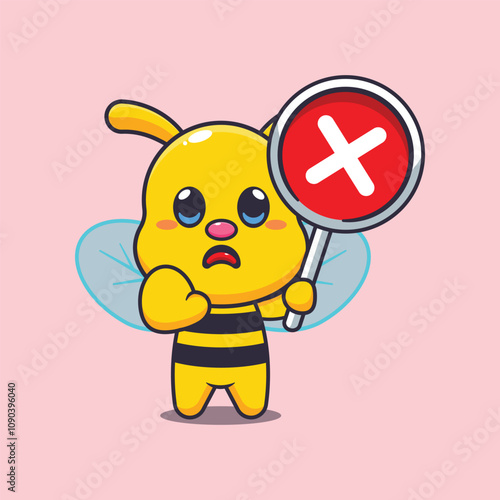 Cute bee with wrong sign cartoon vector illustration.