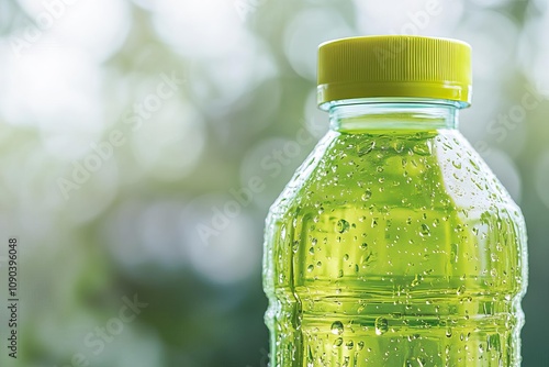 Closeup of sports drink bottle with droplets, bright background, refreshing feel, high detail photo