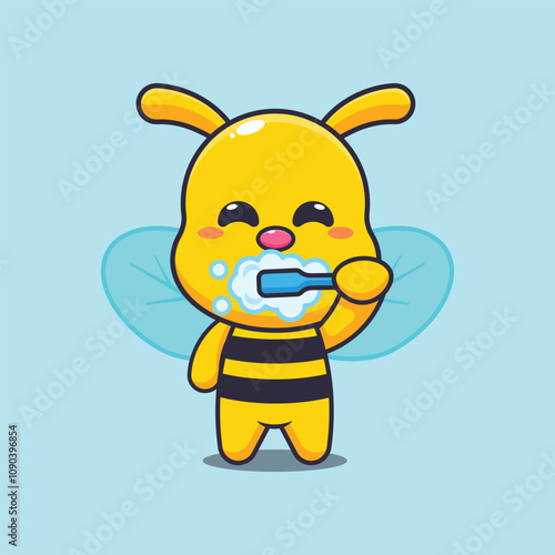 Cute bee brushing teeth cartoon vector illustration.