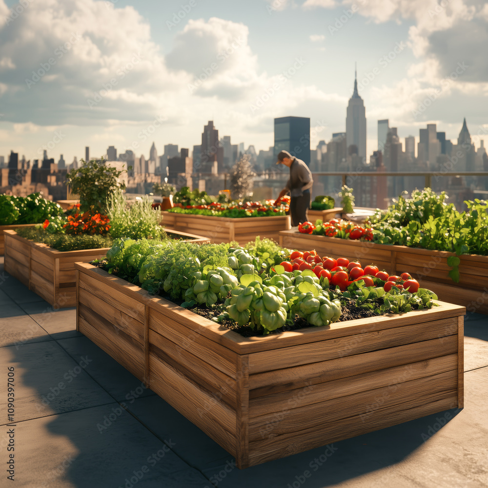 Fototapeta premium Gardener Tying Stems of Climbing Plants in Rooftop Vertical Garden.