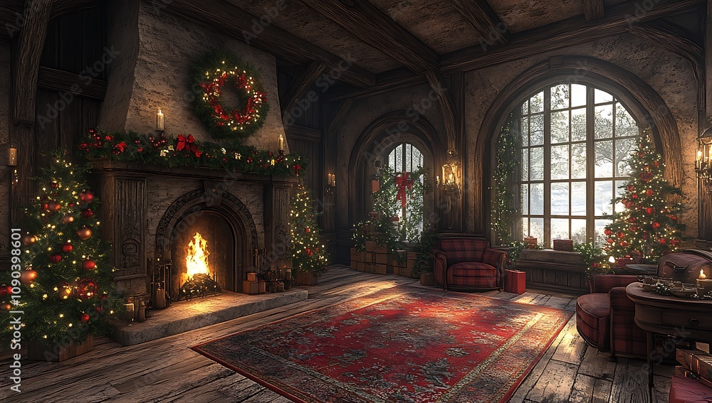Obraz premium Cozy Room with Fireplace and Soft Rug 