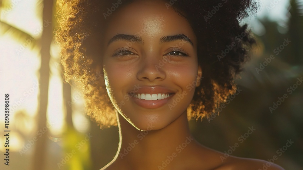Joyful woman with curly hair smiling in sunlight amidst nature, showcasing happiness and natural beauty, radiating positive energy and warmth in a serene tropical setting Joyful woman with curly hair smiling in sunlight amidst nature, showcasing happiness and natural beauty, radiating positive energy and warmth in a serene tropical setting