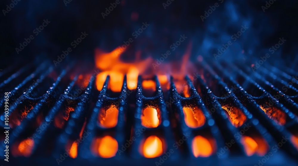 Close-Up of a Charcoal Grill with Intense Flames and Heat Glowing from the Grate, Capturing the Essence of Outdoor Cooking and Barbecue Experience Close-Up of a Charcoal Grill with Intense Flames and Heat Glowing from the Grate, Capturing the Essence of Outdoor Cooking and Barbecue Experience