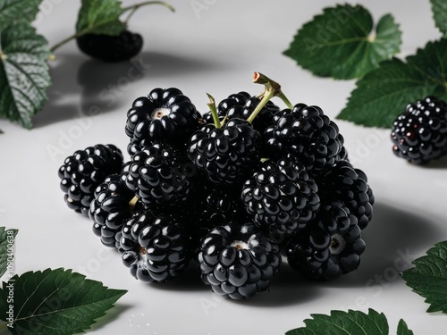 Ripe blackberries with glossy sheen plump and juicy surrounded by scattered green leaves. photo