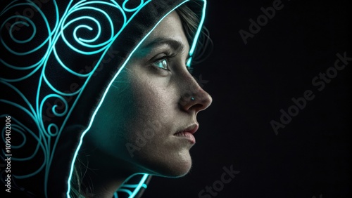 The individuals face adorned with a swirling neon turquoise outline reflects a quiet intensity set starkly within the allencompassing dark. photo