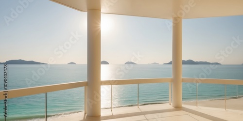 Tranquil sea view from a sunlit terrace overlooking distant islands on a clear day.