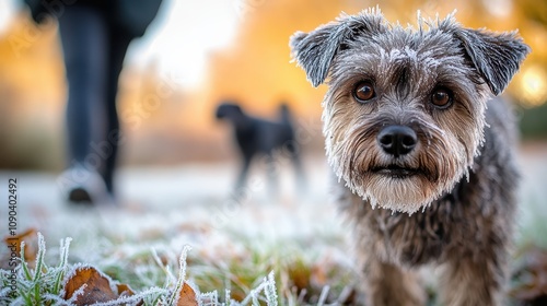 A close-up of a small, furry dog with frosty fur, set against a frosty landscape, while a person walks a second dog in the background. photo