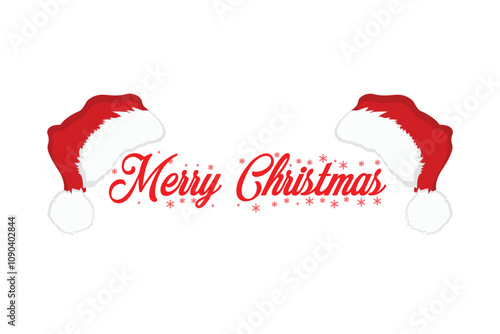 Merry Christmas vector illustration featuring festive red Santa hats framing elegant text. Ideal for holiday cards, decorations, and seasonal branding.