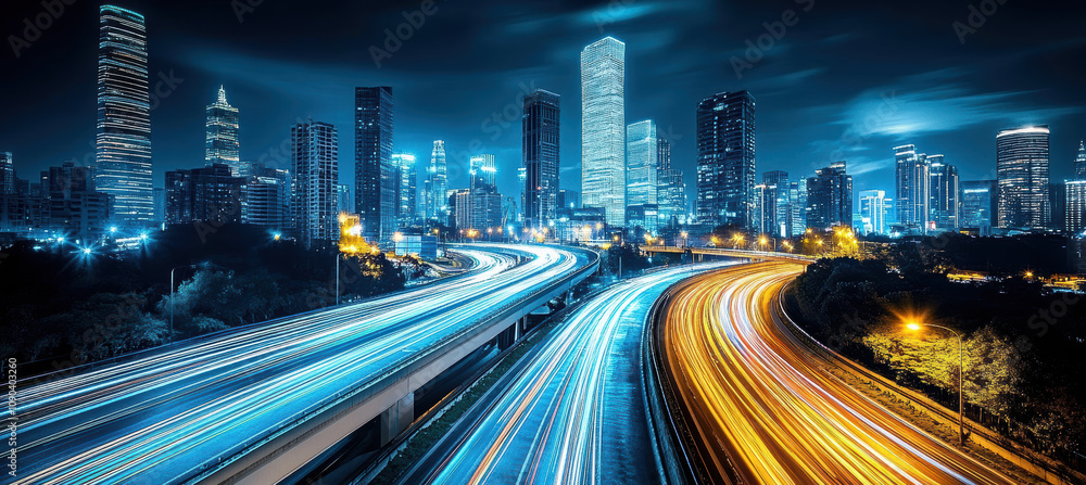 Obraz premium Nighttime cityscape with glowing windows