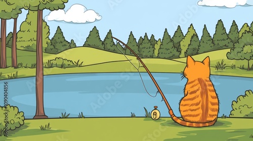 A cartoon cat fishing by a serene lake surrounded by trees and hills. photo