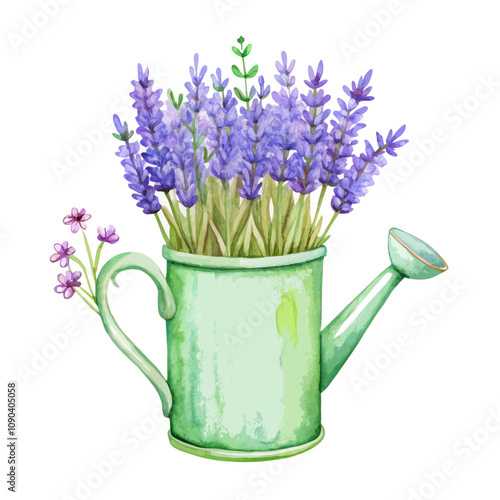 Watercolor lavender tin watering can provence vector illustration (8)