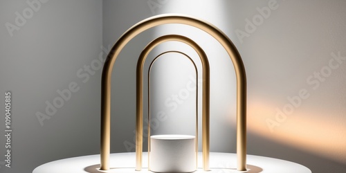 Abstract Golden Arch Display with Cylindrical Stand. photo