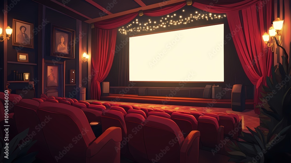 Fototapeta premium Cozy and Elegant Vintage Movie Theater Interior with Plush Red Seats and Warm Ambient Lighting, Perfect for Film Lovers and Nostalgic Movie Experiences