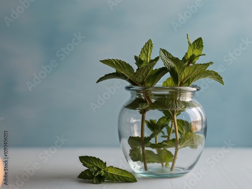 Fresh mint leaves in glass jar on soft blue background. photo