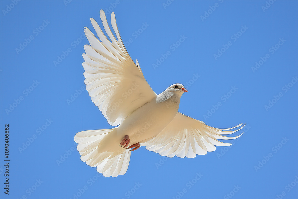 Obraz premium A single white dove flying against a clear blue sky, symbolizing peace and freedom