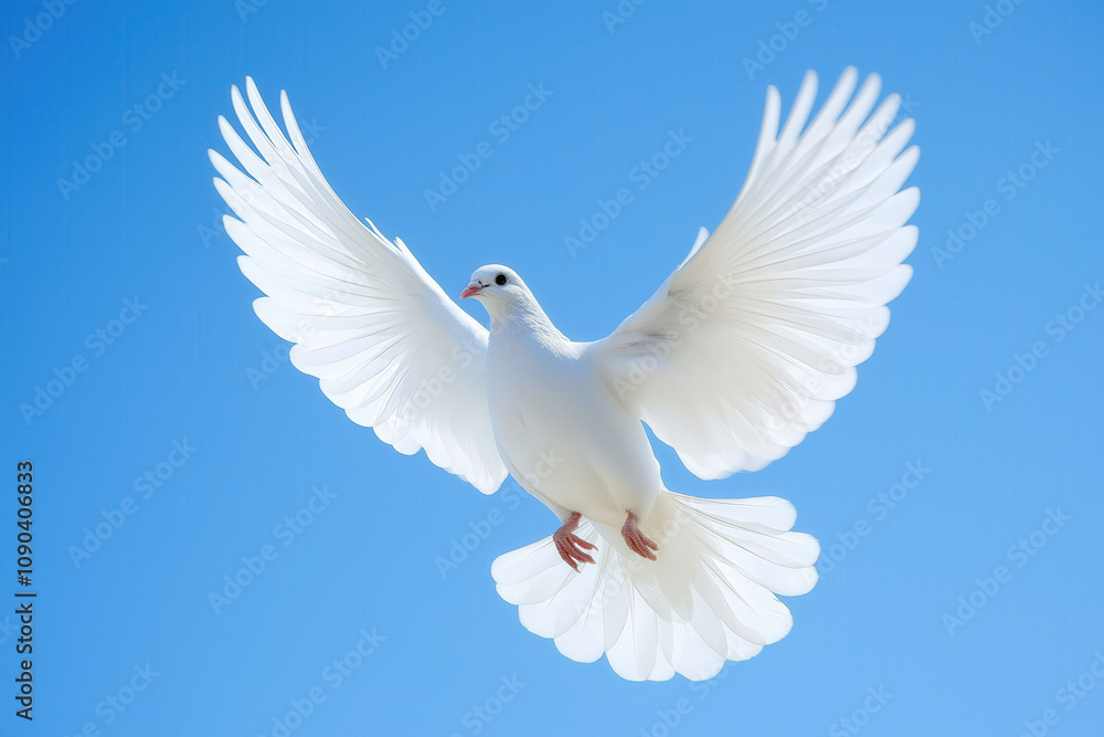 Obraz premium A single white dove flying against a clear blue sky, symbolizing peace and freedom