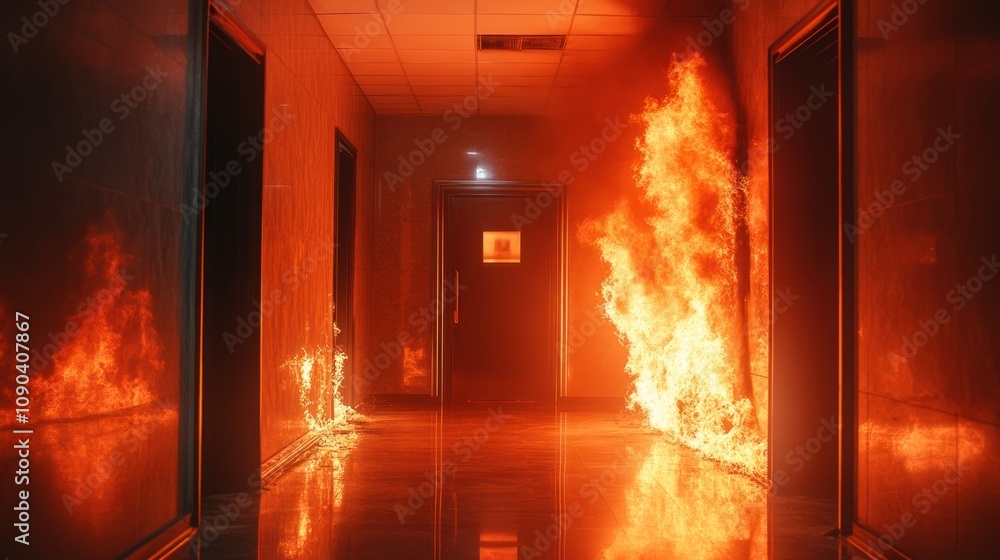 Fototapeta premium A hallway engulfed in flames, illustrating a fire emergency scenario.