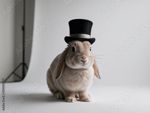 Charming rabbit in top hat posing on white backdrop. photo