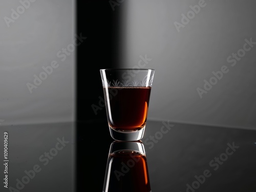 Pouring dark amber beverage glass black background. photo