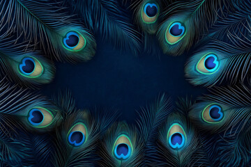 Vibrant peacock feathers border on dark blue background with copy space for nature and animal design decoration