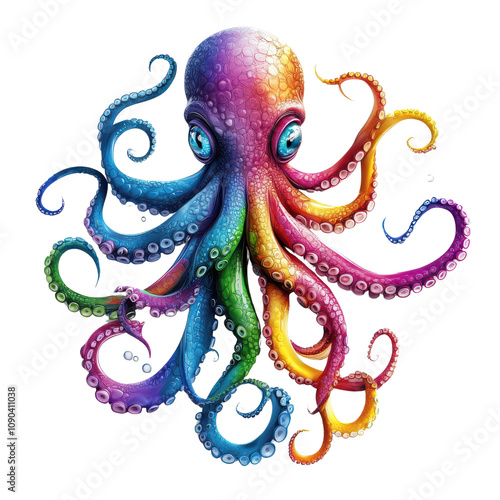 Colorful Rainbow Octopus with Spiraling Tentacles, Intricate Texture, and Artistic Design, Perfect for Underwater Themes, Marine Life Illustrations, and Creative Projects photo