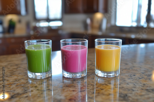 three glasses of smoothies in green, pink, and yellow, lined up on a kitchen counter photo