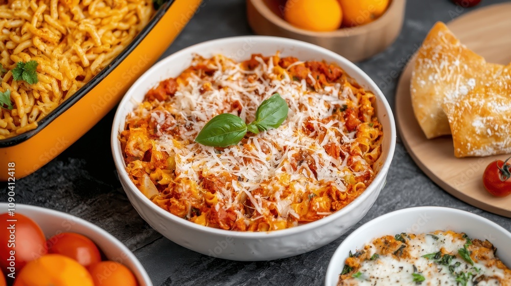 Delicious pasta dish with cheese and herbs, surrounded by various foods Delicious pasta dish with cheese and herbs, surrounded by various foods