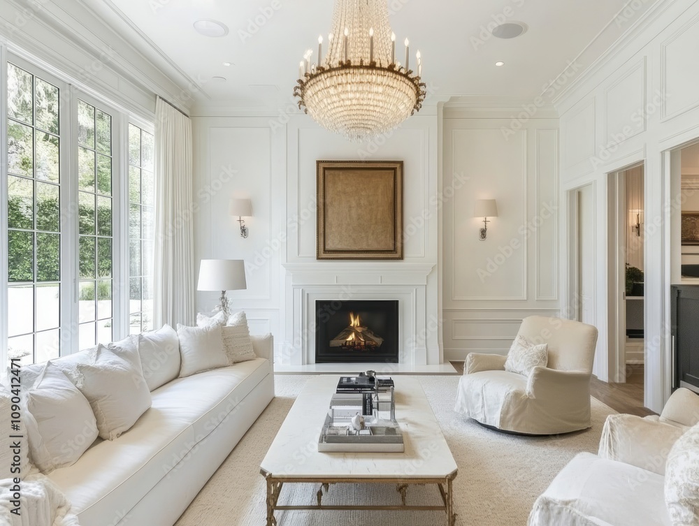 Fototapeta premium Elegant White Living Room With Fireplace And Chandelier