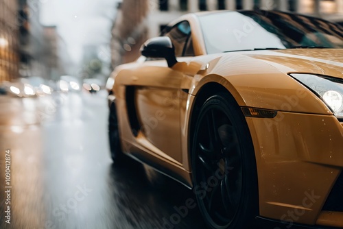 A sleek, orange sports car with black wheels, glowing lights and a blurred city backdrop.