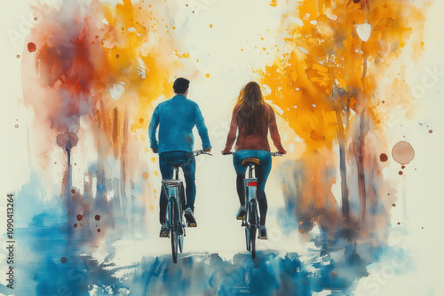 whatercolor of a couple riding bikes together photo