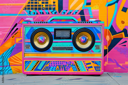 Retro boombox in bold geometric hues set against an urban backdrop with neon accents photo