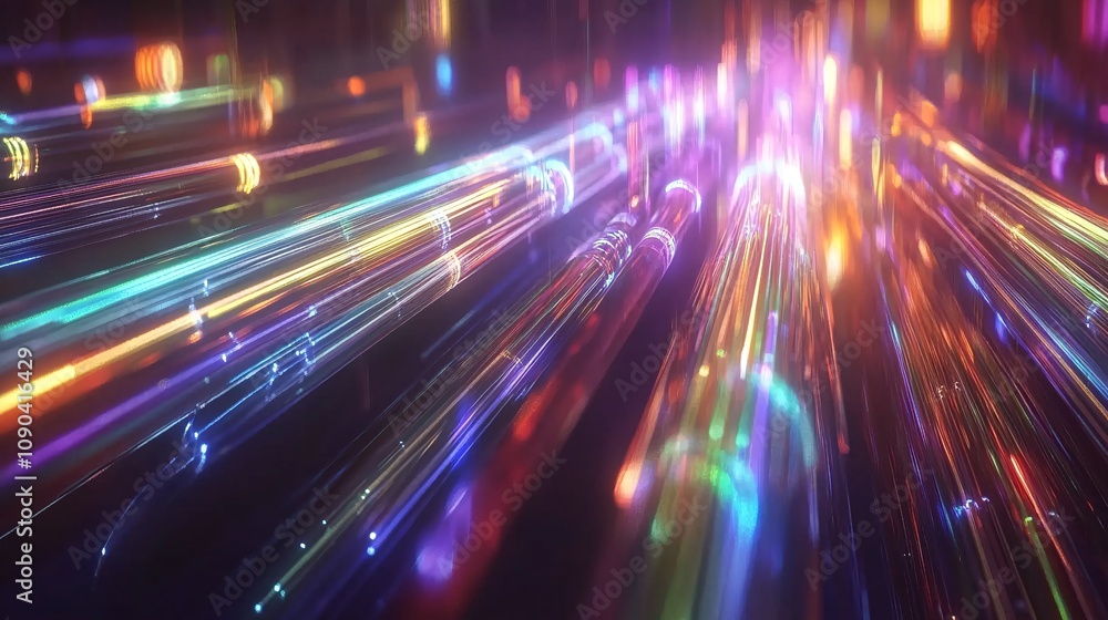 Fototapeta premium Futuristic 3D Visualization of Vibrant Optical Fiber Cables Transmitting High-Speed Internet Signals