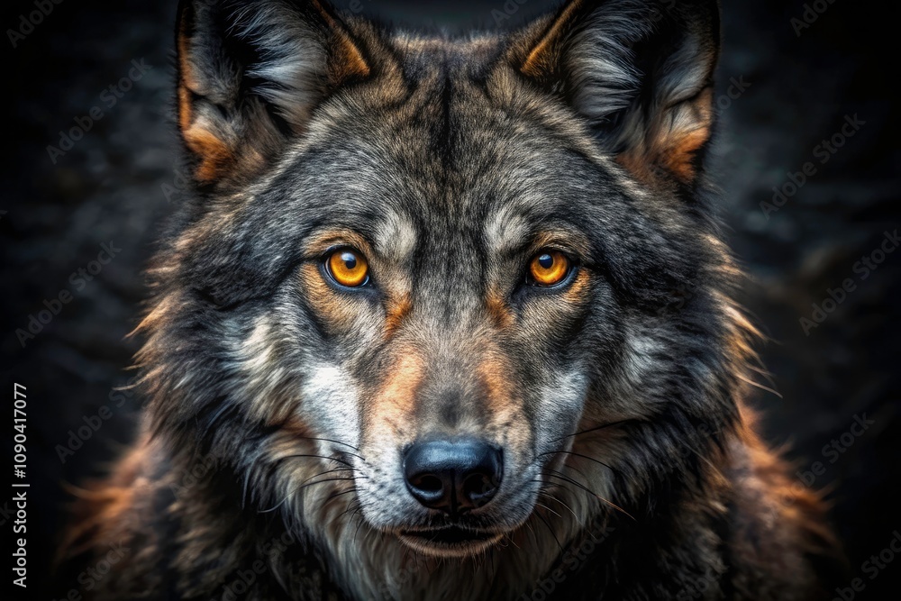 Fototapeta premium Intense Wolf Portrait with Piercing Amber Eyes in Dark Background - Surreal Photography