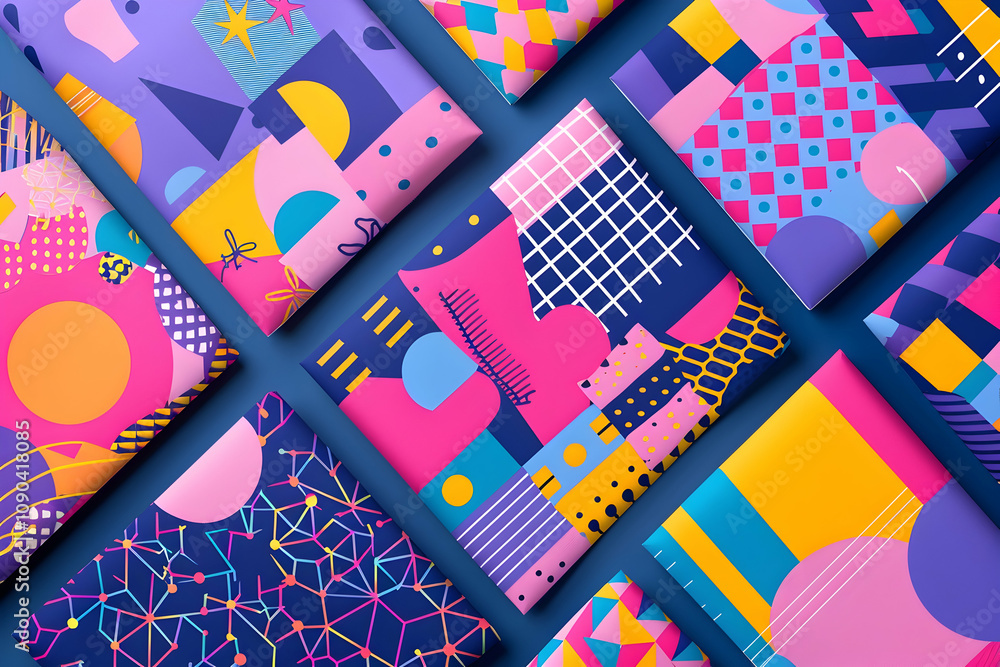 Obraz premium Festive geometric New Year designs with joyful typography, perfect for social and print