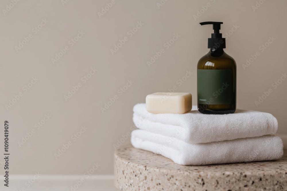 Soap bar and dispenser resting on fluffy white towels in modern bathroom Soap bar and dispenser resting on fluffy white towels in modern bathroom
