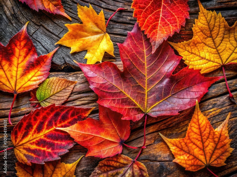 Fototapeta premium Macro Photography of Autumn Leaves and Wood: Capturing Nature's Vibrant Colors, Textures, and Patterns in the Forest Floor for Stunning Fall Imagery and Nature Photography Enthusiasts