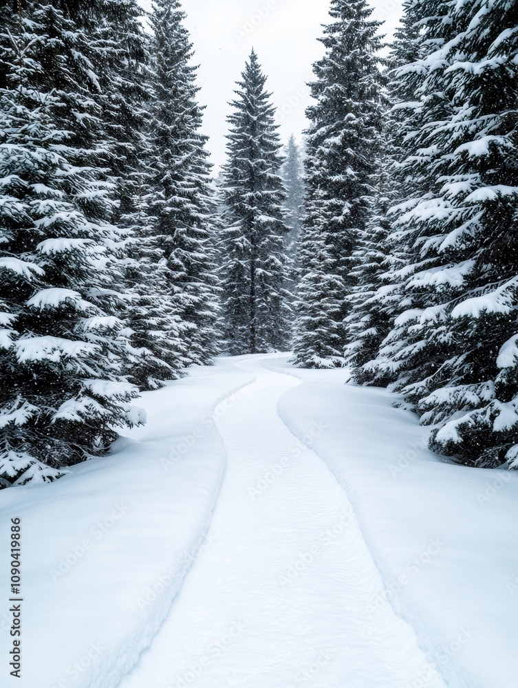 Fototapeta premium Snowy forest path in winter wonderland