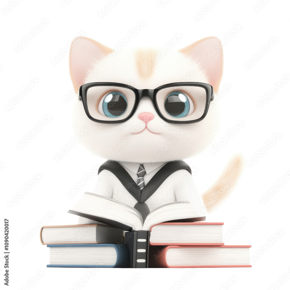 Adorable Cartoon Cat with Glasses Dressed as a Scholar Surrounded by Books and Reading Material, Perfect for Education and Cat Lover Themes Adorable Cartoon Cat with Glasses Dressed as a Scholar Surrounded by Books and Reading Material, Perfect for Education and Cat Lover Themes