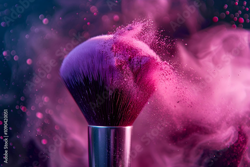 Makeup brush releases vibrant powder, capturing dynamic elegance and creativity. photo