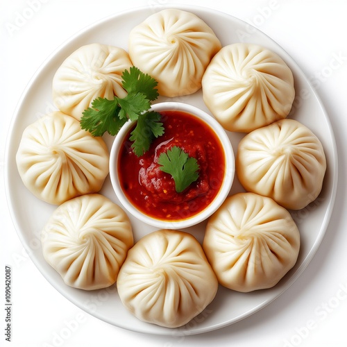 Traditional Nepali momos, elegantly arranged around spicy red sauce, radiating flavor and culture.