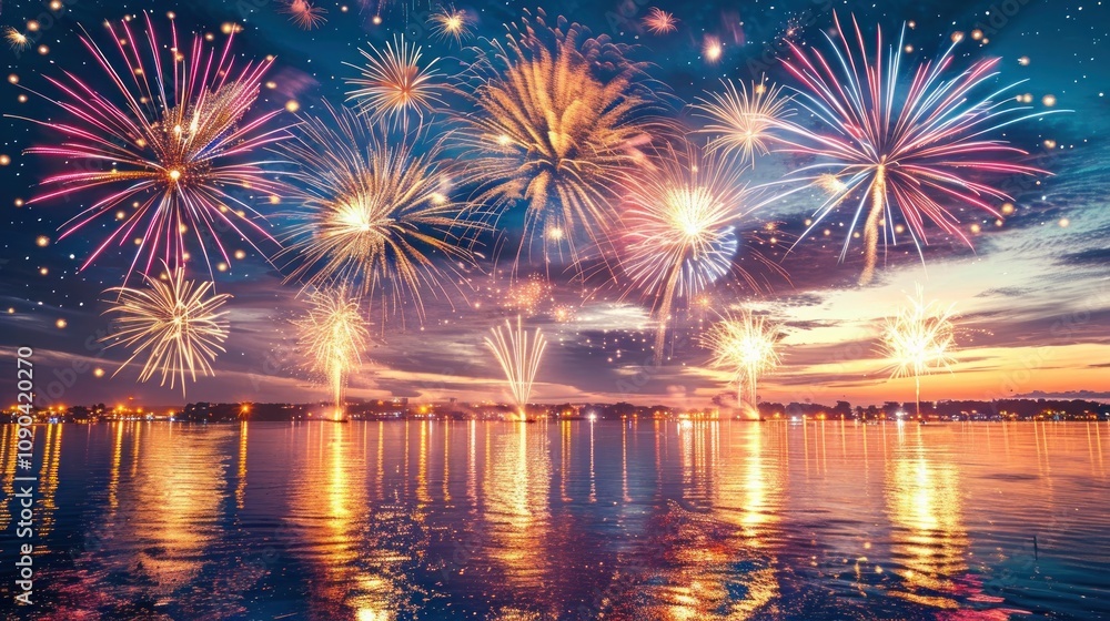 Fototapeta premium Colorful fireworks illuminate a serene lakeside at sunset.