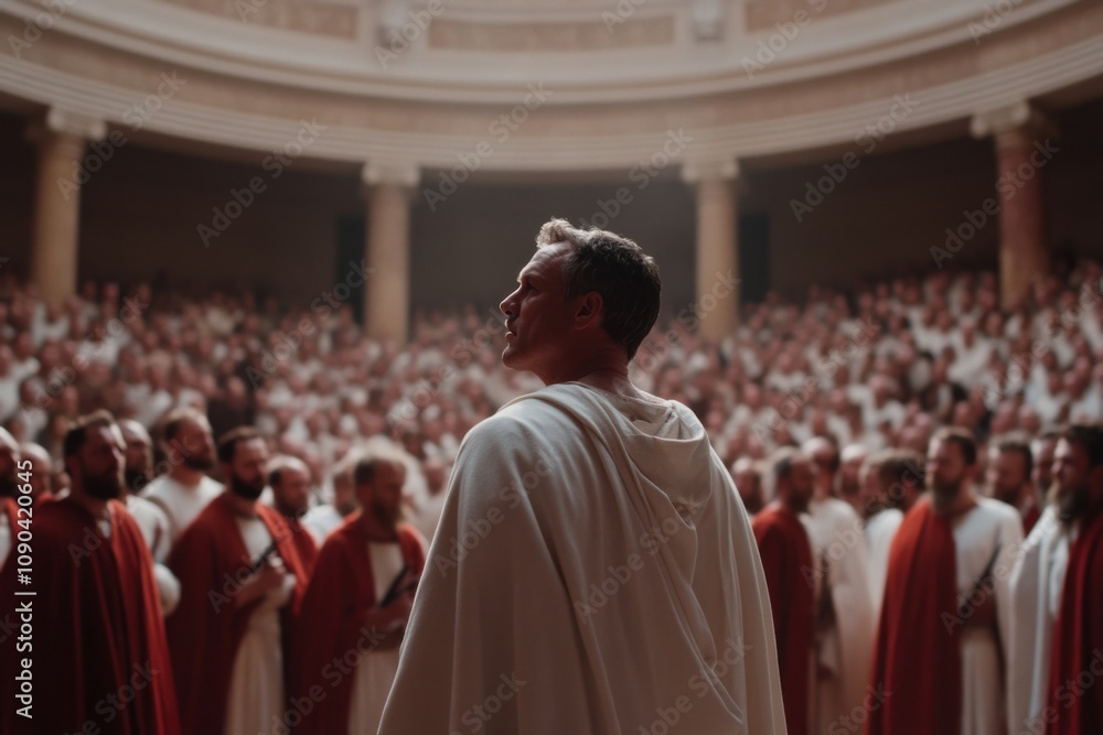 Naklejka premium Political leader addressing supporters in ancient roman senate or forum