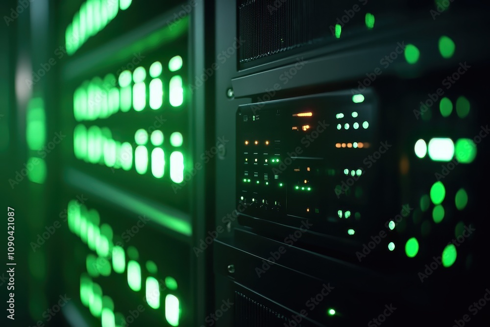 Naklejka premium A close-up of a server rack with illuminated green lights, indicating active data processing.